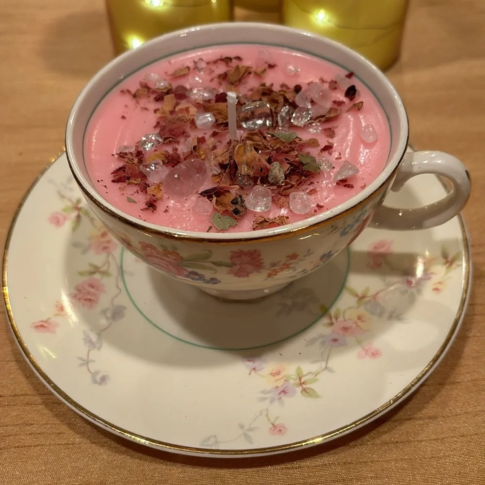 Pink Floral Teacup Candle with Dried Petals